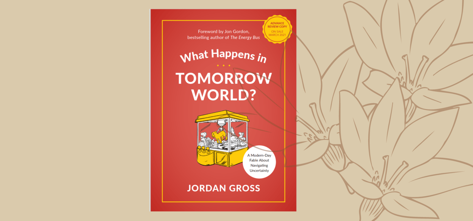 Cover image of 'What Happens in Tomorrow World?' by Jordan Gross on a beige background with a flower outline on the right