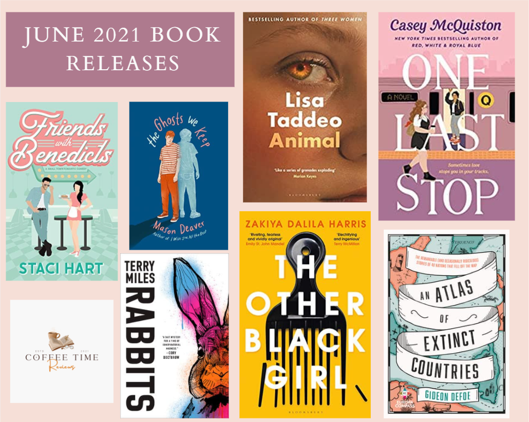 Collage of June book releases' covers on a pale pink background.