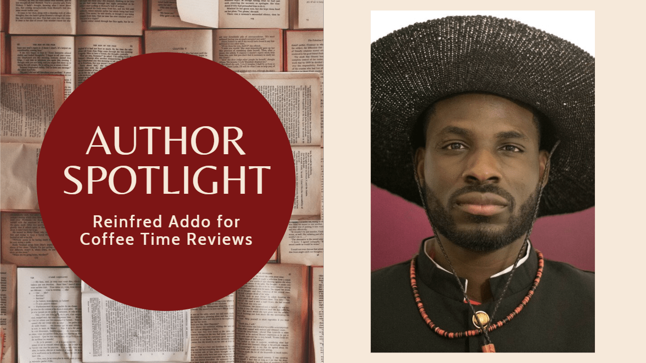 Two-sided image, showing open books on the left, and a portrait of poet Reinfred Addo wearing a straw hat and black top on the right.