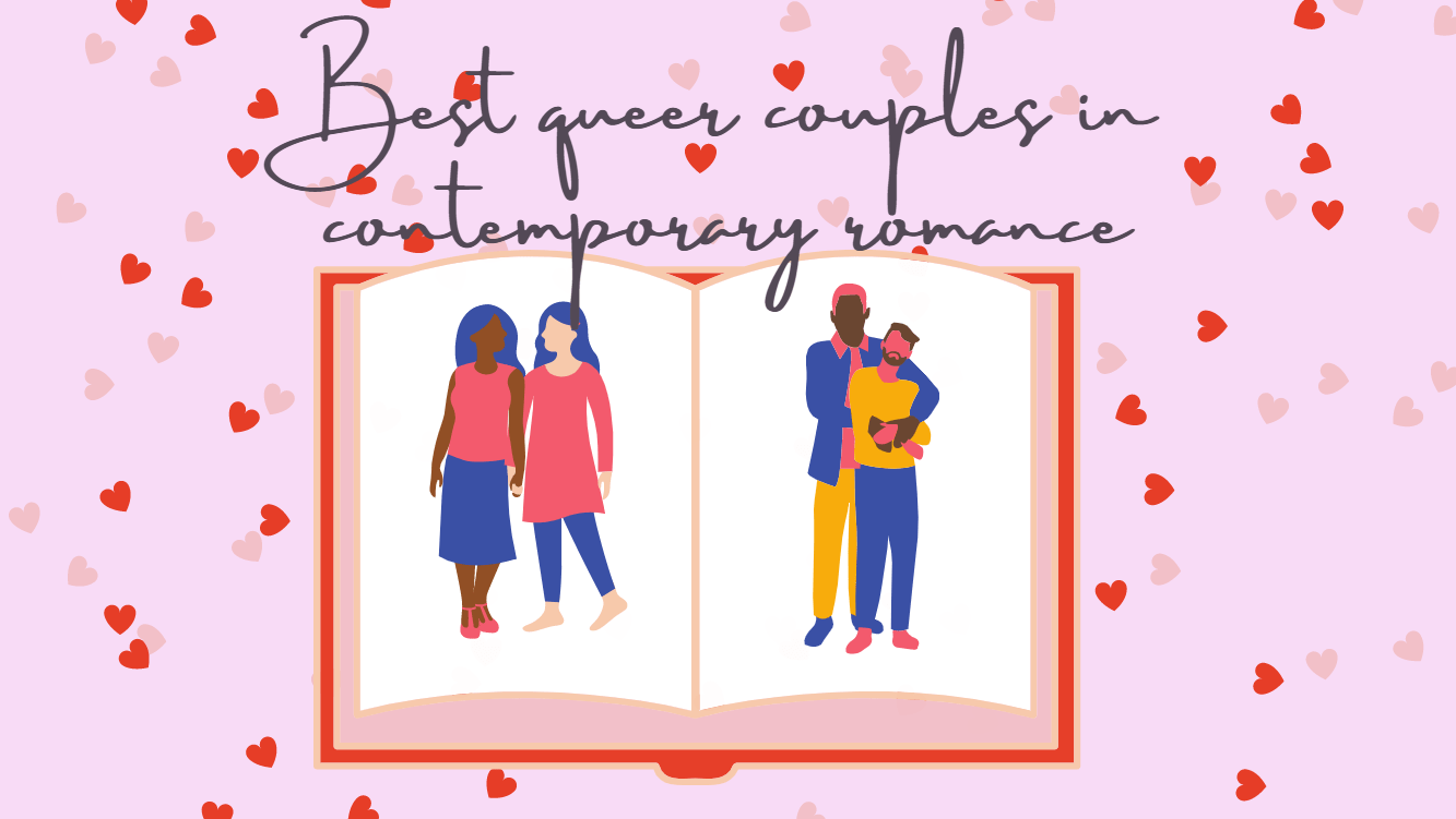 An open book with two same-sex couples on either side, on a pink lovehearts background.