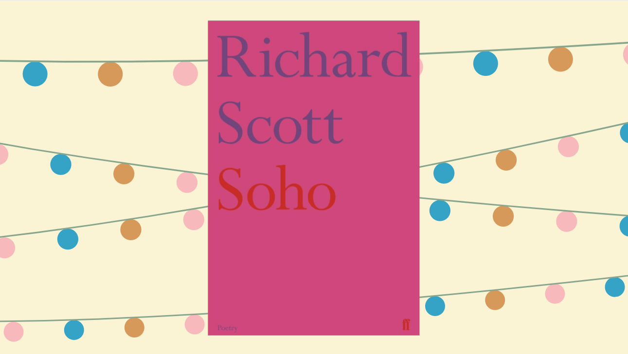 Bright pink cover of 'Soho' by Richard Scott on a yellow background with colourful garlands in the background