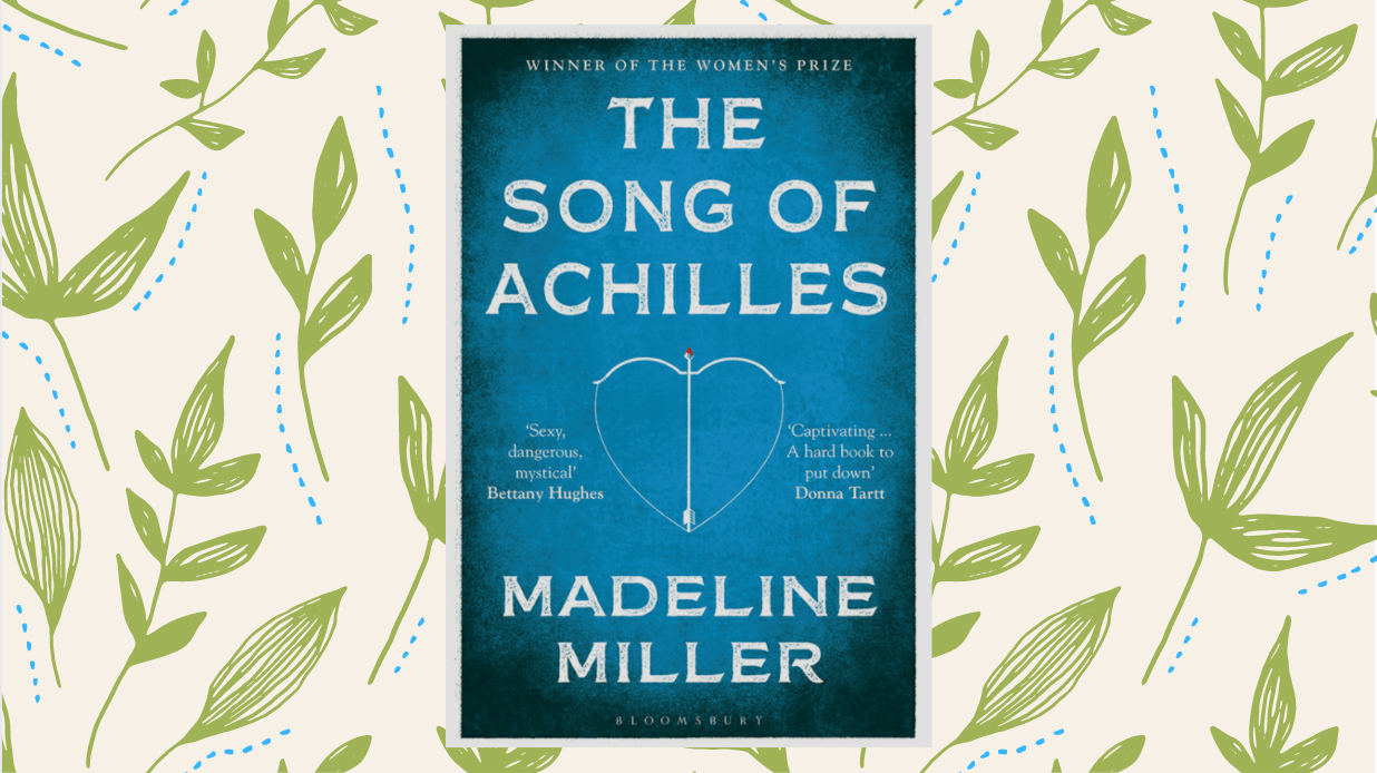 Cover of 'The Song of Achilles' on cream background with olive leaves pattern.