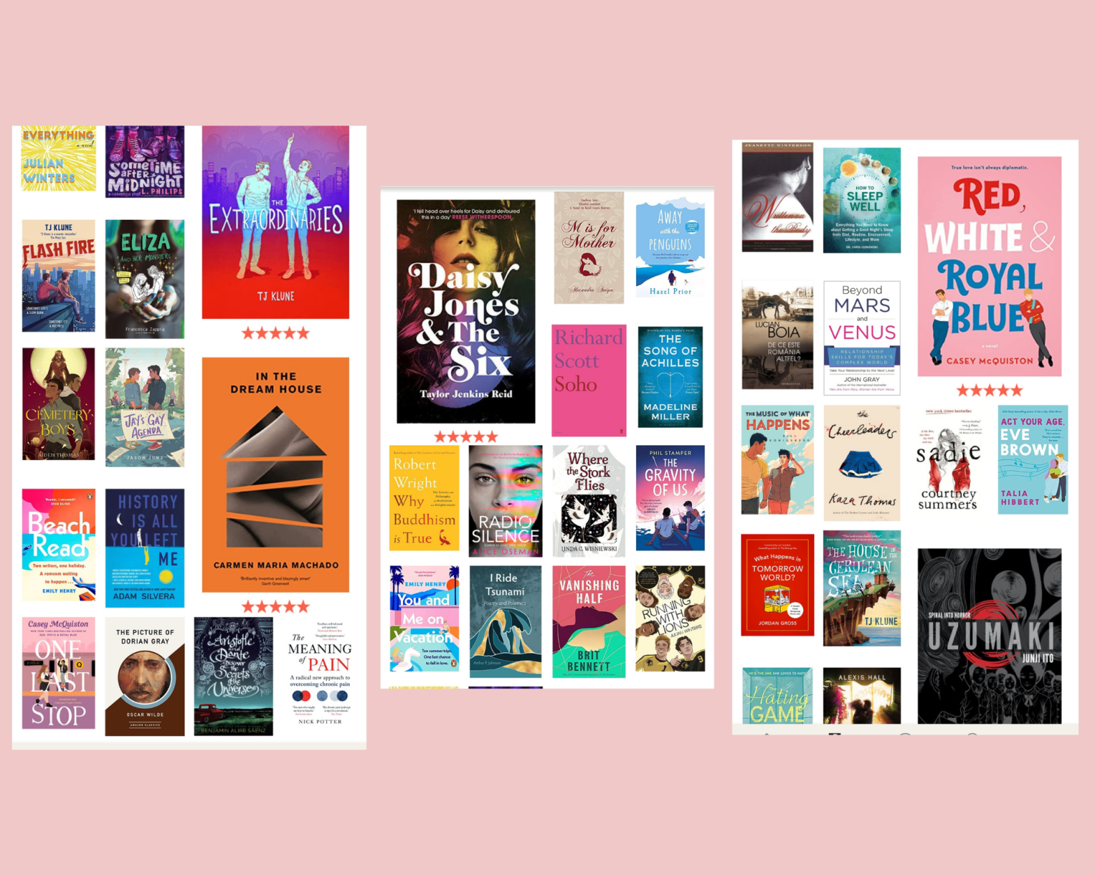 Pink background with 3 screenshots from Goodreads of the 50 books read by the author in 2021.